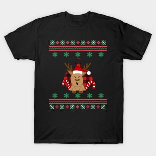 Reindeer Candy Canes Faux Ugly Christmas Sweater Funny Holiday Design T-Shirt